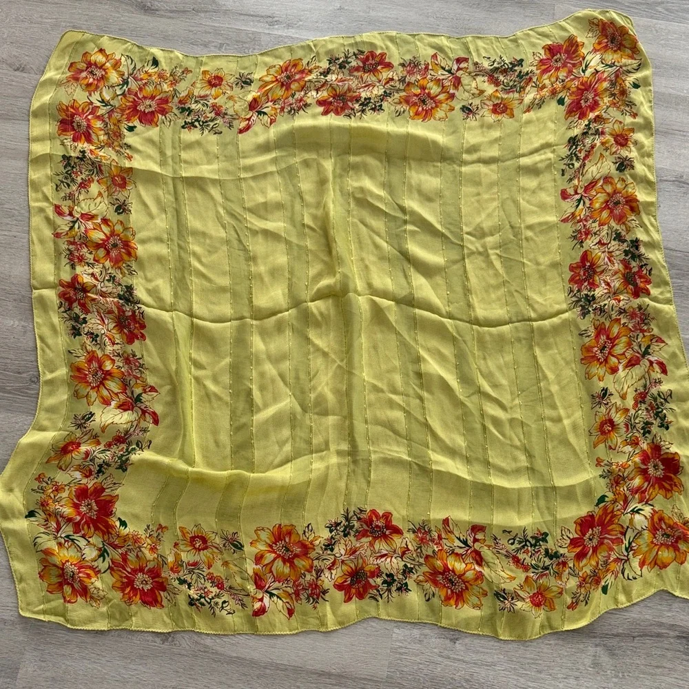 Vintage April Cornell Floral Scarf Lime Green Flower Border 40x40 Large